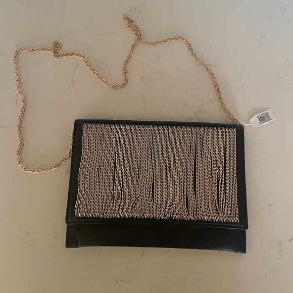 Natasha Couture Gold Chain‎ Link, Black Leather Clutch / Crossbody, Snap Flap - Picture 1 of 8